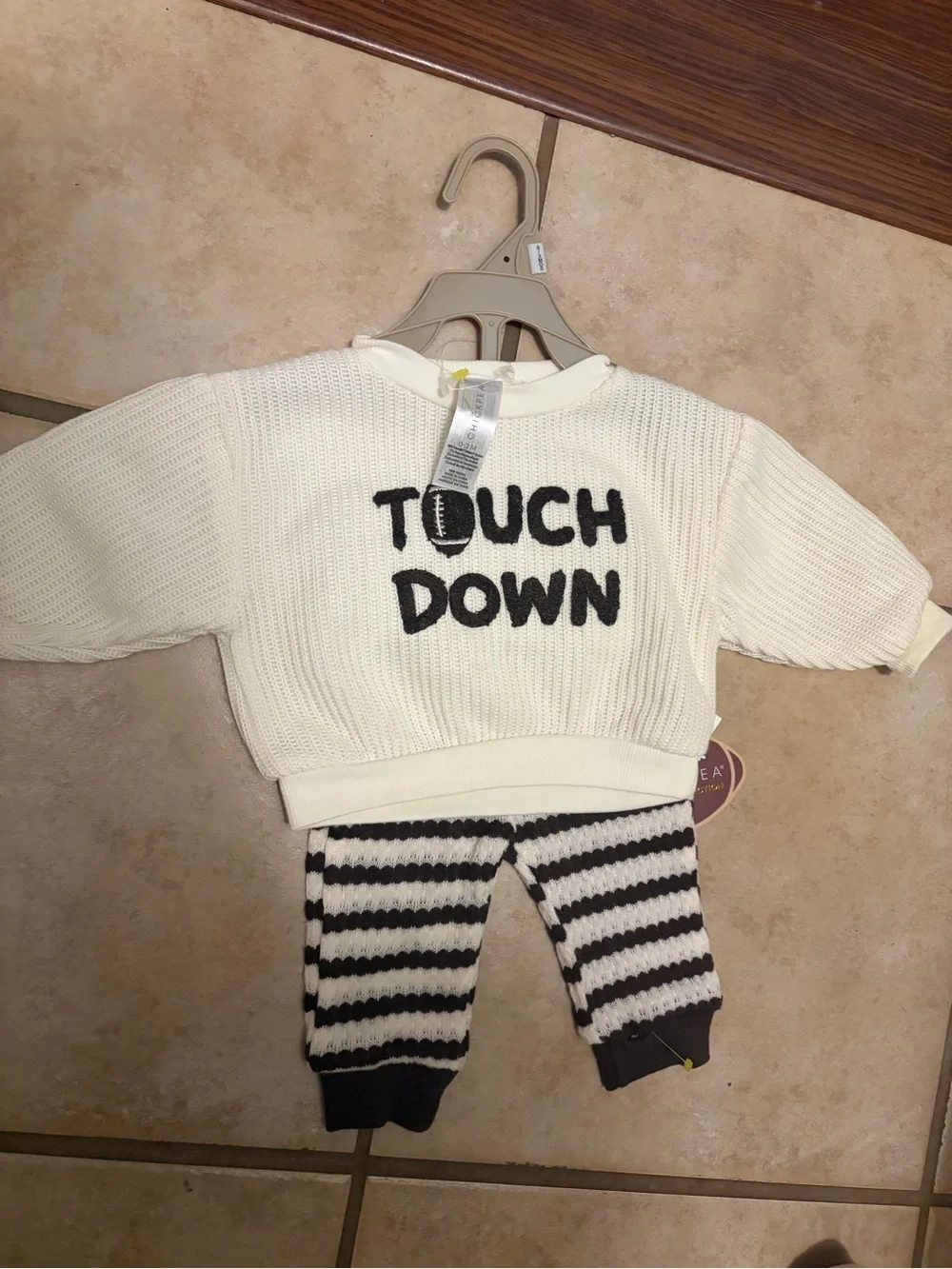 Baby chickpea Cream Knit 'TOUCH DOWN' football sweater Set with Striped Pants